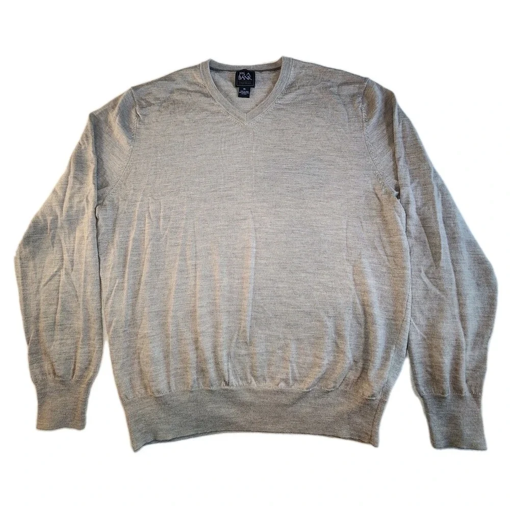 JOS. A. BANK Traveler Pullover Sweater Men XXL Gray Beige Merino Wool V Neck